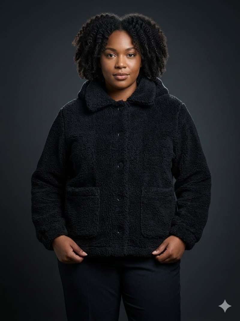 French Kiss Women's BlackFluffy Hooded Jacketwith Front Pockets & Button Details – Cozy Luxury Knitwear