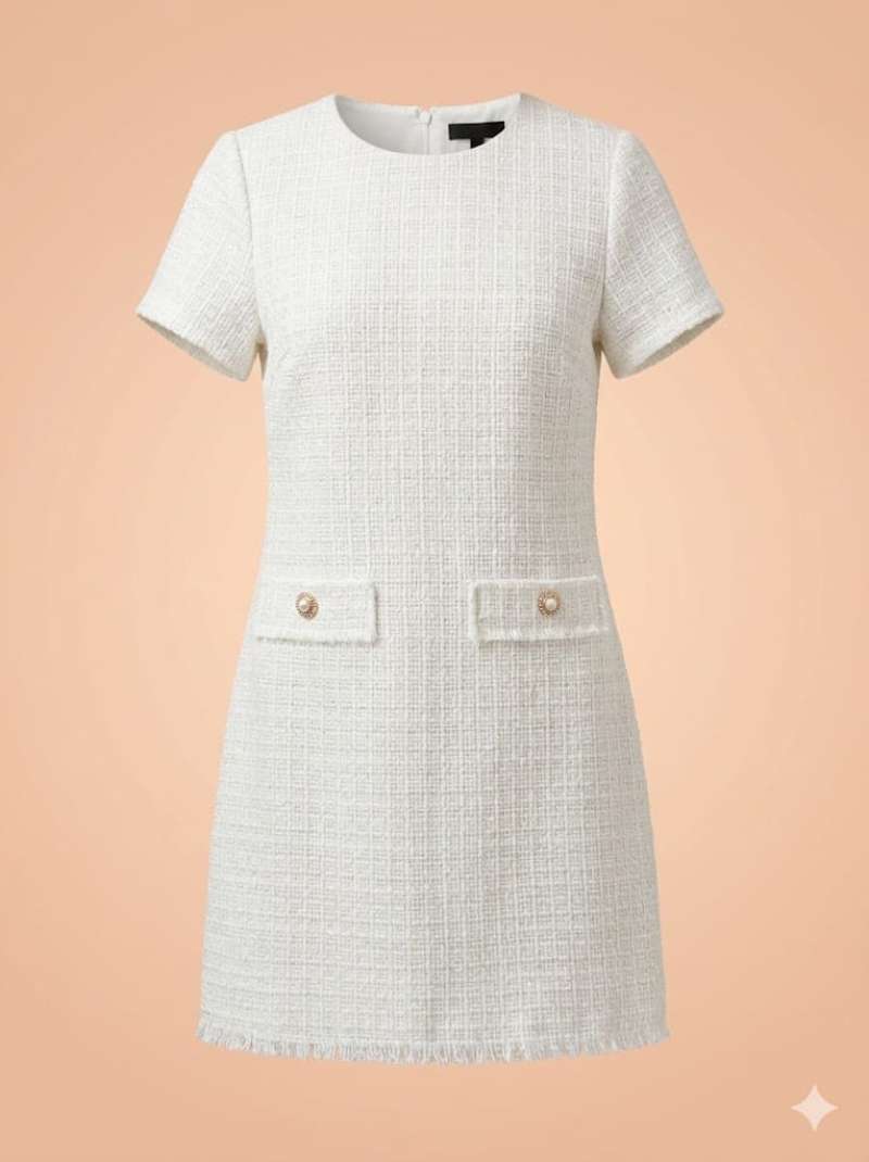 Bebop Shory White Structured Dress with Pearl Button Front Detail | Elegant Luxury Women’s Tailored Mini Dress
