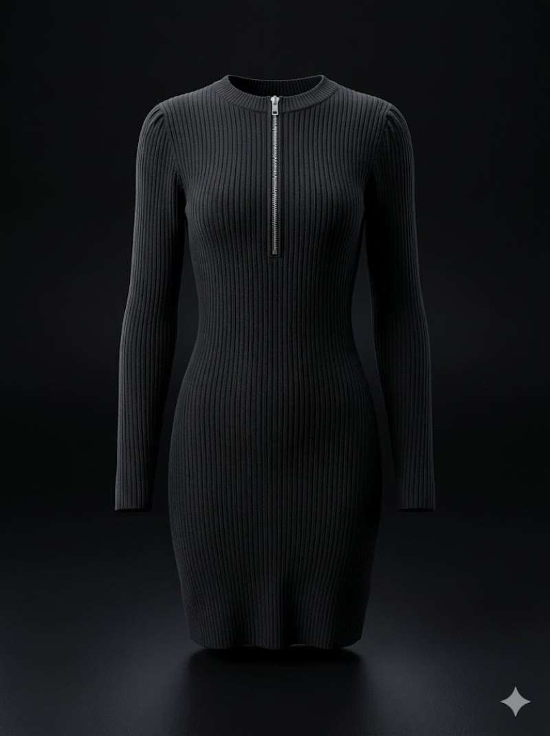 Hooked Up Black Short Knitted Dress with Zipper Neckline – Sleek Bodycon Mini Dress for Women | Minimal Luxury Knitwear