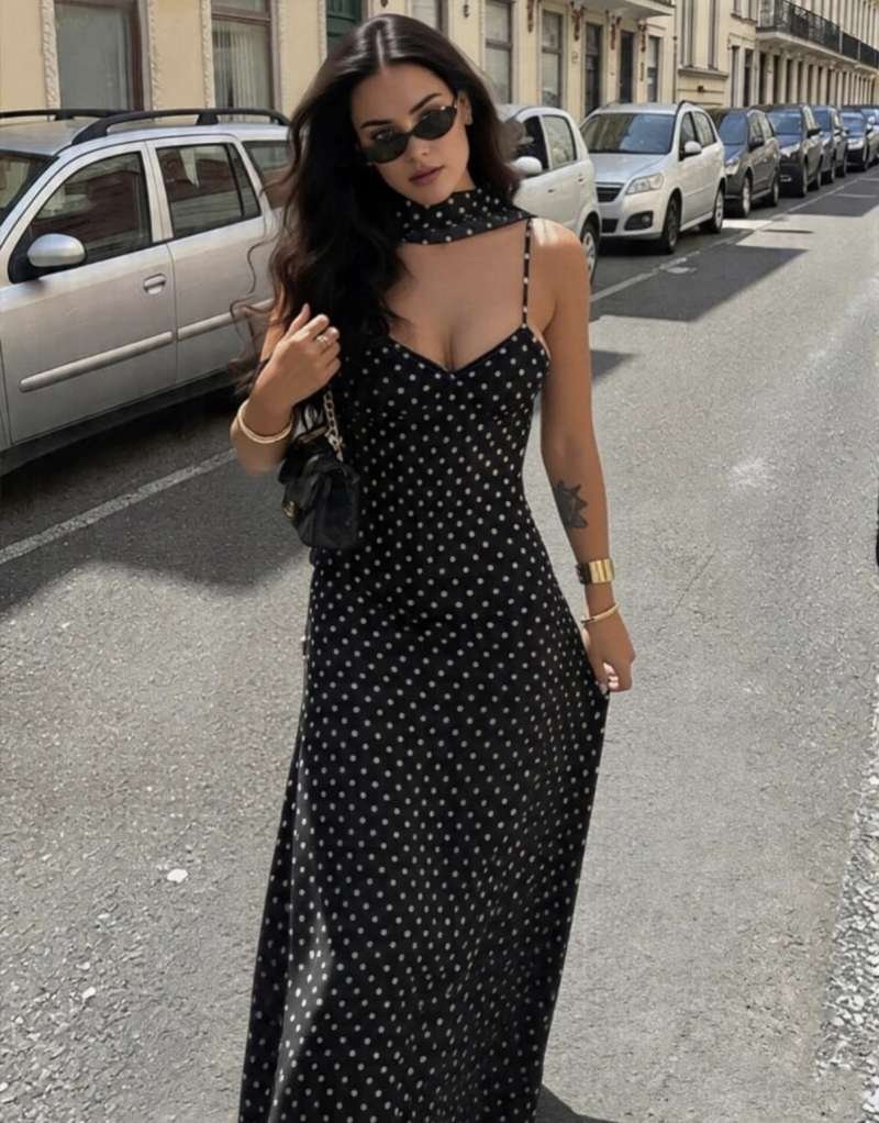 Black and white pocker dot long dress 